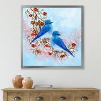 Designart' Dvije Plave Ptice Zimi Sjede Na Grani S Bobicama ' Tradicionalni Uokvireni Umjetnički Print