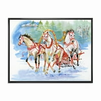 Designart 'Carriage In The Snow With Galoping Horses' Farmhouse Framed Canvas Wall Art Print